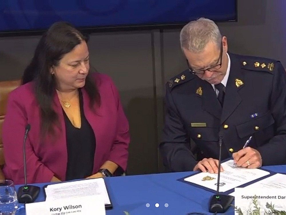 The head of the B.C. First Nations Justice Centre, Kory Wilson, and Prince George RCMP Supt. Darin Rappel, sign a letter of agreement allowing offenders who agree to attend a program at the Indigenous Diversion Centre to avoid charges for minor non-violent crimes. The head of the B.C. First Nations Justice Centre, Kory Wilson, and Prince George RCMP Supt. Darin Rappel, sign a letter of agreement allowing offenders who agree to attend a program at the Indigenous Diversion Centre to avoid charges for minor non-violent crimes.