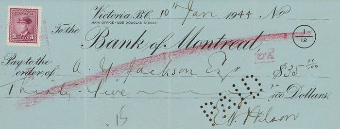 Cheque to A. Y. Jackson for his painting Rolling Hills, Winter, Near St. Simon, Rimouski, Jan. 10th 1944. The purchase price was $35. The painting is part of the Lillian Mayland McKimm collection, which will go up for sale in as Heffel auction for sale Nov. 19, 2025 in Toronto. The estimaye for the painting, which has a second painting on the back, is $50,000 to $75,000. Cheque to A. Y. Jackson for his painting Rolling Hills, Winter, Near St. Simon, Rimouski, Jan. 10th 1944. The purchase price was $35. The painting is part of the Lillian Mayland McKimm collection, which will go up for sale in as Heffel auction for sale Nov. 19, 2025 in Toronto. The estimaye for the painting, which has a second painting on the back, is $50,000 to $75,000.