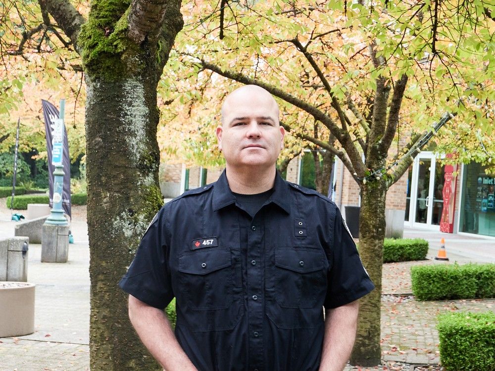  surrey police service spokesperson staff sgt. lindsey houghton outside port moody city hall on sunday, oct. 12, 2025.