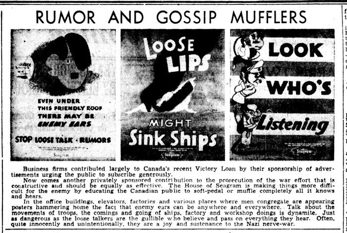 Montreal Gazette story on Seagram’s “Loose Lips Might Sink Ships” ad campaign on April 24, 1942, Montreal Gazette story on Seagram’s “Loose Lips Might Sink Ships” ad campaign on April 24, 1942,