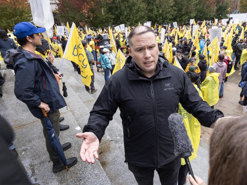 The president of BCGEU, Paul Finch, at a rally at Vancouver Art Gallery on Oct. 1, 2025. The president of BCGEU, Paul Finch, at a rally at Vancouver Art Gallery on Oct. 1, 2025.