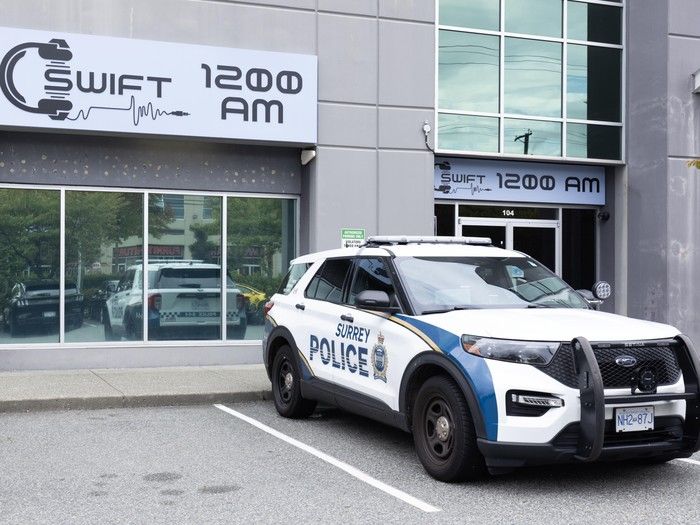 Bullet holes after shots were fired at 1200 AM radio in Surrey, October 1, 2025. Bullet holes after shots were fired at 1200 AM radio in Surrey, October 1, 2025.