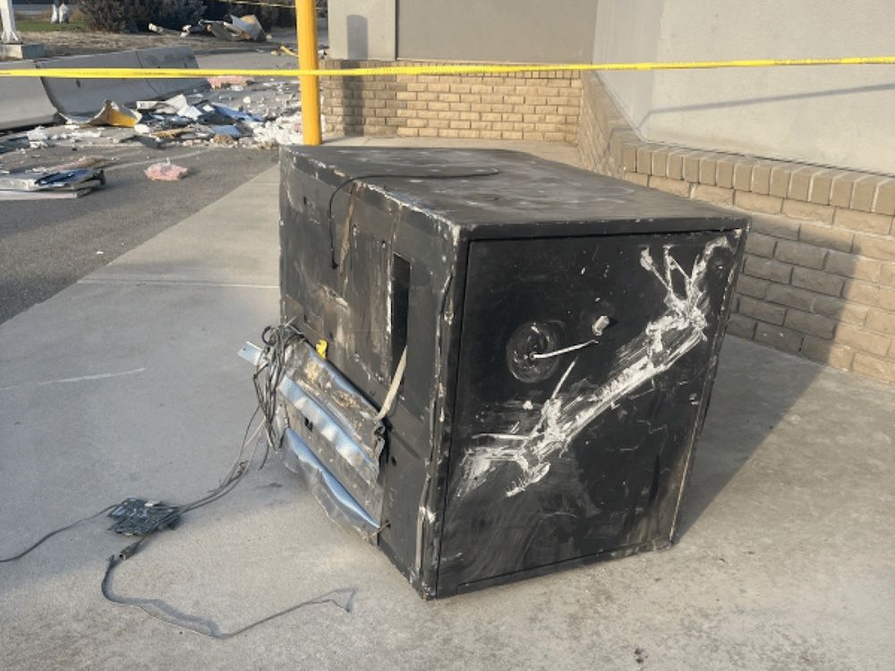 The smashed deposit box that was removed by a front-end loader during an ATM heist in West Kelowna. The smashed deposit box that was removed by a front-end loader during an ATM heist in West Kelowna.