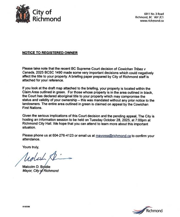 a letter from richmond mayor malcolm brodie to residents in an area where title has been claimed by the cowichan tribes included a map showing affected properties.