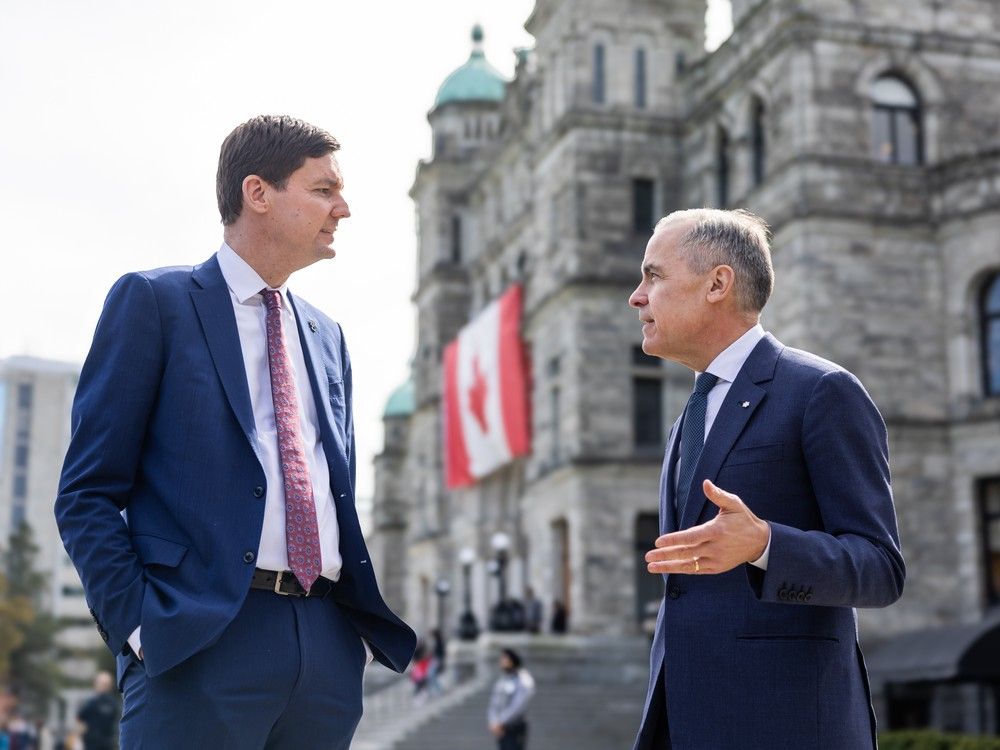  Premier David Eby meets Prime Minister Mike Carney at the B.C. Legislature April 7, 2025.