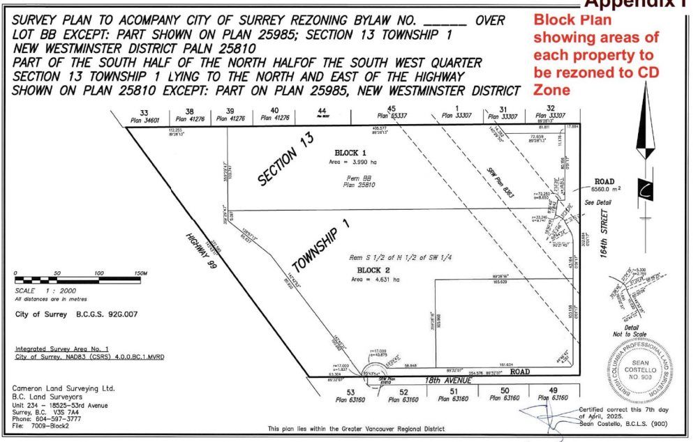  The site of a new 165,000 sq. ft. Costco warehouse proposed for a South Surrey development on 164th Street that would also include a gas station and a 989-space parking lot. Surrey council has given the proposal its first and second readings, with a public hearing scheduled for Monday night. This image is from the public hearing package.
