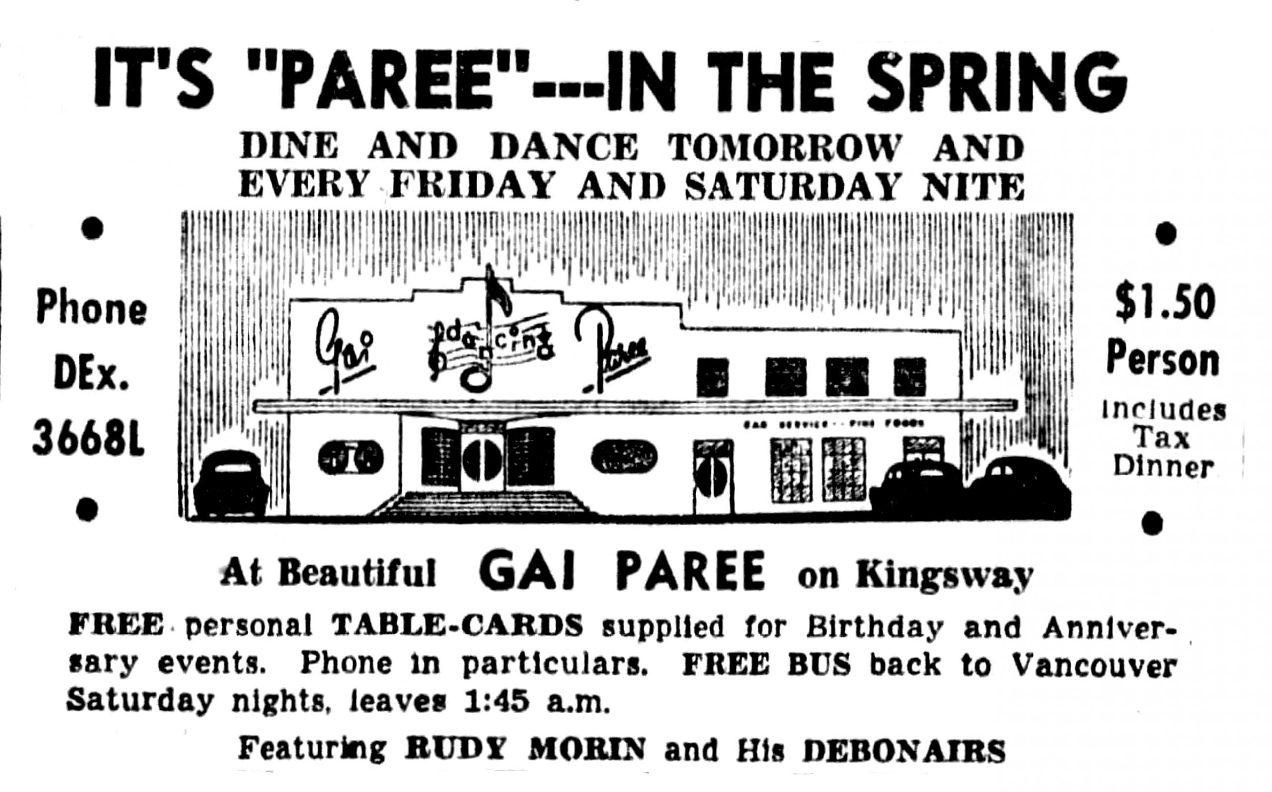  Ad for the Gai Paree supper club in at 6669 Kingway in Burnaby on April 7, 1949, featuring an illustration of the venue.