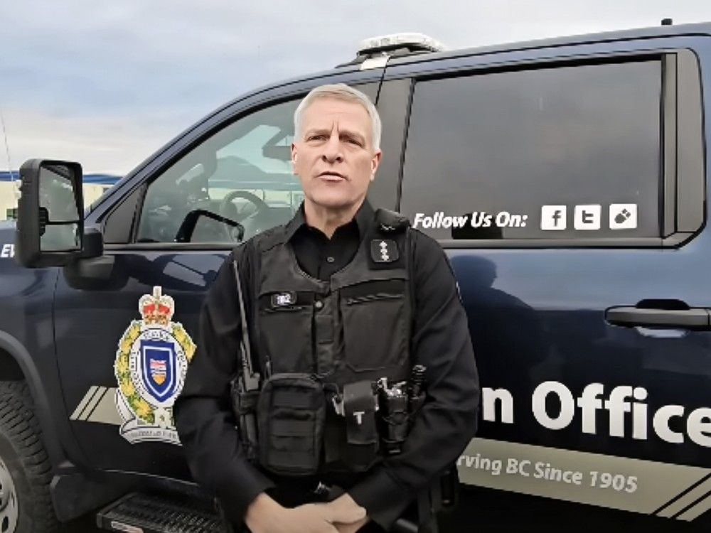 A video grab of Insp. Kevin Van Damme of the B.C. Conservation Officer Service. “I really need to stress how dangerous this situation is with this bear at large,”  he said Saturday. 