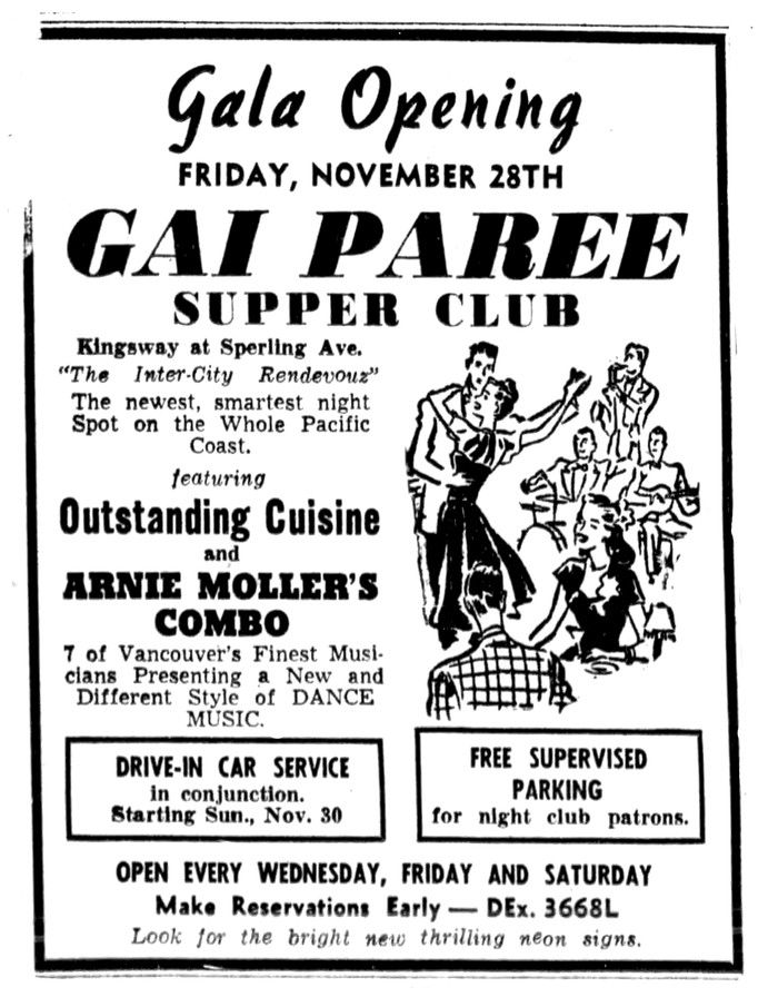  Ad for the grand opening of the Gai Paree supper club in Burnaby, on Nov. 28, 1947. Ran in the Nov. 27, 1947 Vancouver Sun.