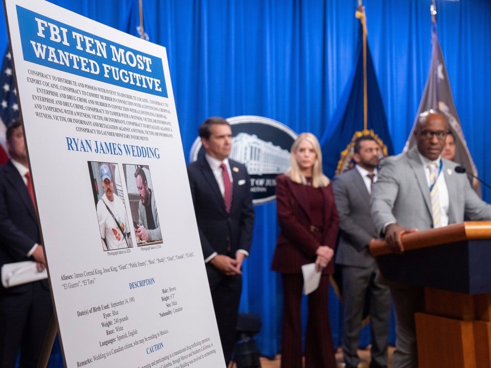  Akil Davis, assistant director in charge of the FBI’s Los Angeles Field Office, looks at a wanted poster for Canadian fugitive Ryan James Wedding as he speaks with reporters during a news conference at the Department of Justice, Wednesday, Nov. 19, 2025, in Washington.