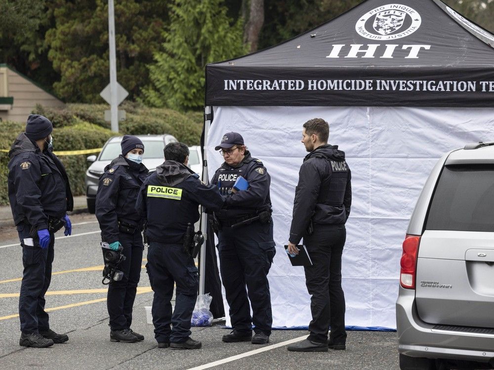 Police investigate a shooting that left one man dead Friday night in Surrey. Police investigate a shooting that left one man dead Friday night in Surrey.