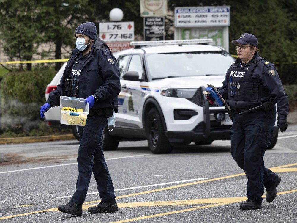 Police investigate a shooting that left one man dead Friday night in Surrey. Police investigate a shooting that left one man dead Friday night in Surrey.
