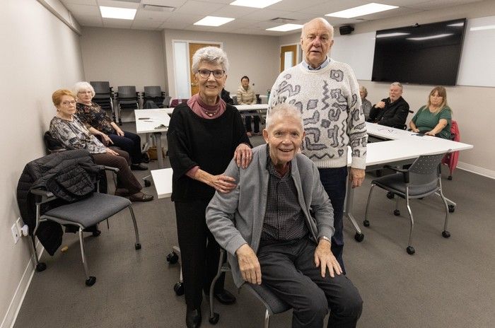  bob brett (top right, with brian gillespie and beverly miller) is the facilitator of the progressive supranuclear palsy support group with group.