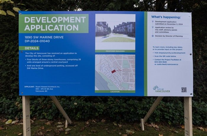  billboard outside 1890 sw marine dr. outlining proposal for townhouse project.