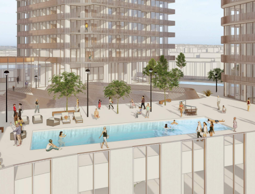  an outdoor pool is among the amenities envisioned for the podium rooftop.