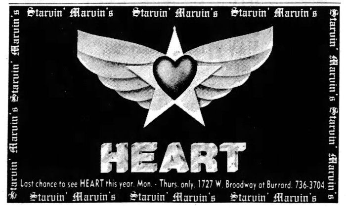  Ad for the rock band Heart at Starvin’ Marvin’s nightclub in Vancouver, from the May 21, 1974, Vancouver Sun.