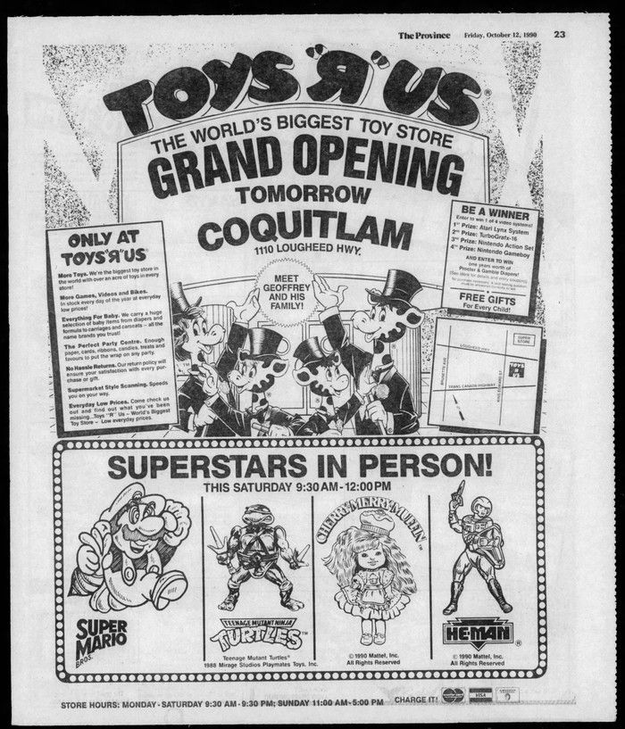  Ad in the Oct. 13, 1990, edition of The Province newspaper promoting the grand opening of first Toys “R” Us store in B.C., which was located in Coquitlam.