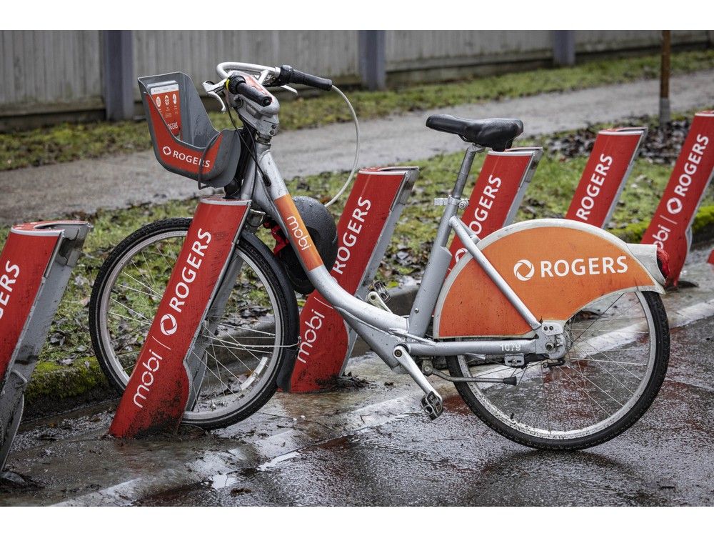  mobi bike #1079 at a docking station at ontario and e. 30th. this bike has travelled 17,300 kilometres, more than any other bike in the system.