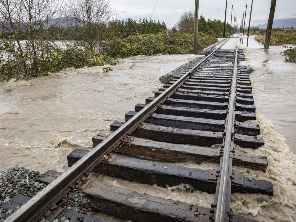  flooded railway at boundary road on the sumas prairie. water levels are rising on the canada-us border at huntingdon thursday, as water from recent rainfall spills into the sumas prairie. several homes on melan court were at risk of being flooded.