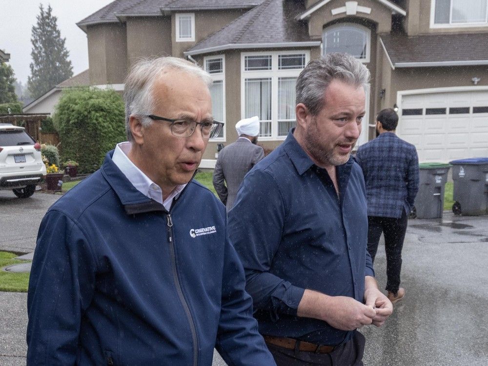 Then B.C. Conservative Leader John Rustad in Surrey, on Sept. 23, 2024, campaigning with the party's now interim leader, Trevor Halford.