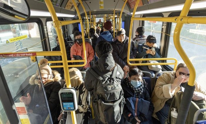  Passengers on the crowded 99 bus route in Vancouver.