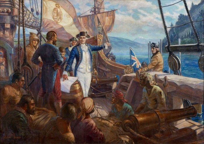 John Innes painting of Capt. George Vancouver meeting the Spanish explorers Galiano and Valdes at Point Grey. Oil on canvas, 1925. Donation From Native Sons of B.C.
