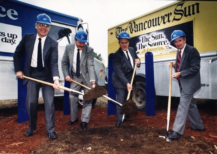  Oct. 26, 1988, Surrey printing plant ground-breaking ceremony. From left: Bob Bose, Stuart Noble, E.H. (Bill) Wheatley and Paddy Sherman.
