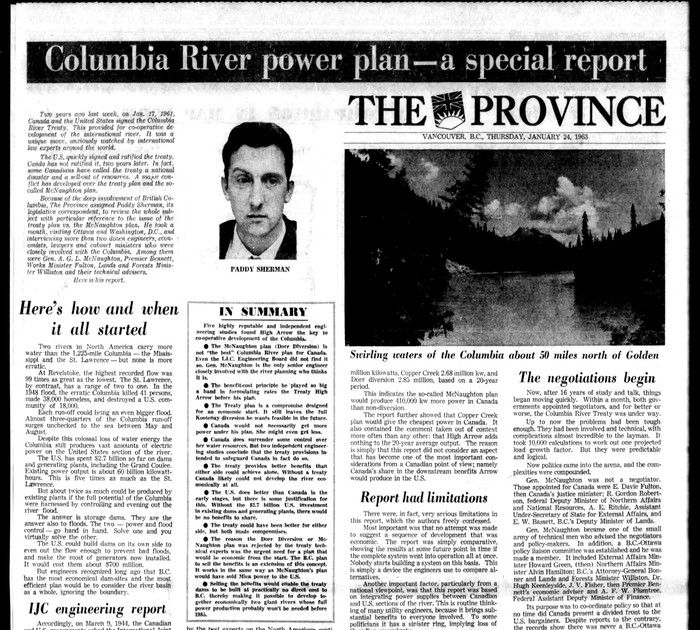  On Jan. 24, 1963, The Province published a four-page special section by Paddy Sherman on the controversial Columbia River dam and treaty, one of the high points of his long career in newspapers.