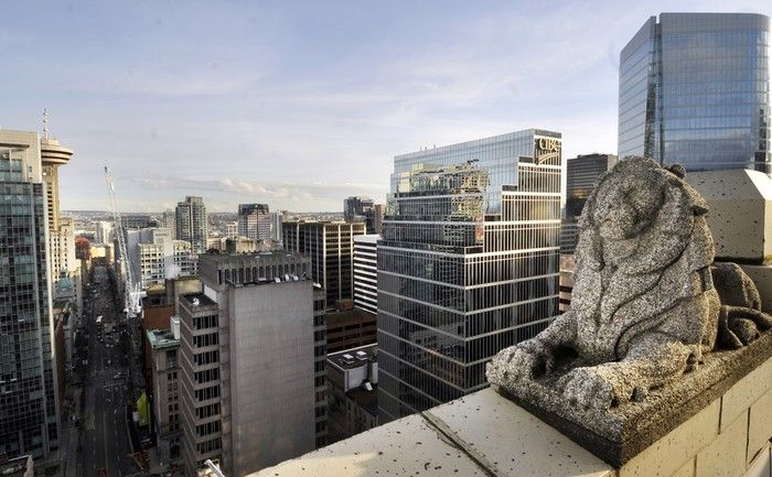  A miniature “maquette” version of Charles Marega’s lion sculptures at the southern entrance of the Lions Gate Bridge is located on the terrace of the penthouse of the Marine Building. Photo from 2009.