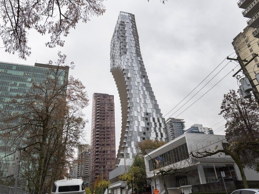The tower at 1550 Alberni St. in Vancouver in 2023. The 43-storey development is being led by real estate developer Westbank.