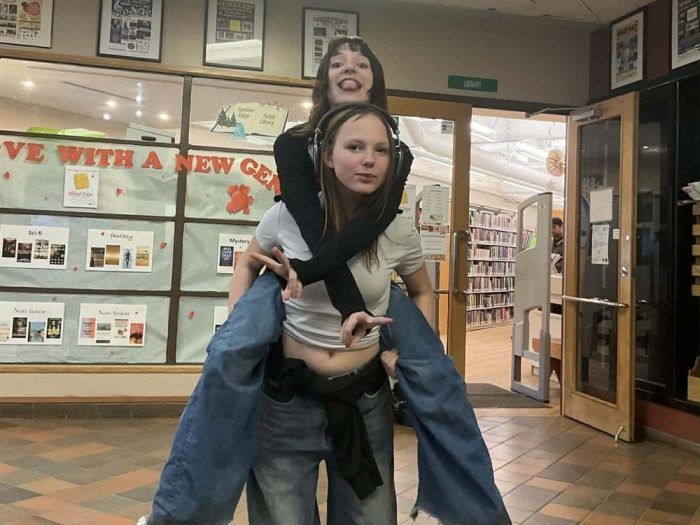  Kylie Smith jumps on the back of her friend Ticaria (Tiki) Lampert. The best friends were only 12 years old when they were killed by a shooter at their school in Tumbler Ridge on Feb. 10.