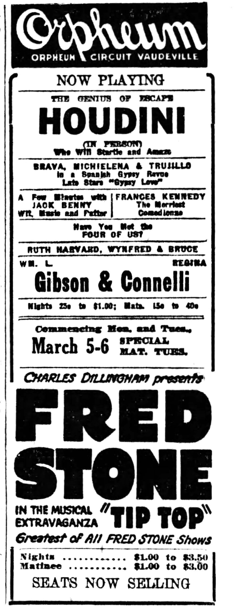  Ad for Houdini performing at the Orpheum Theatre in Vancouver, March 1, 1923. The Orpheum was then located in the old CPR Opera House at 761 Granville St.