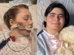 LEFT: Maya Gebela, who was shot at Tumbler Ridge Secondary School on Feb. 10, remains in critical condition in B.C. Children’s Hospital. RIGHT: Paige Hoekstra is being released from hospital on Monday and will fly home to Tumbler Ridge.