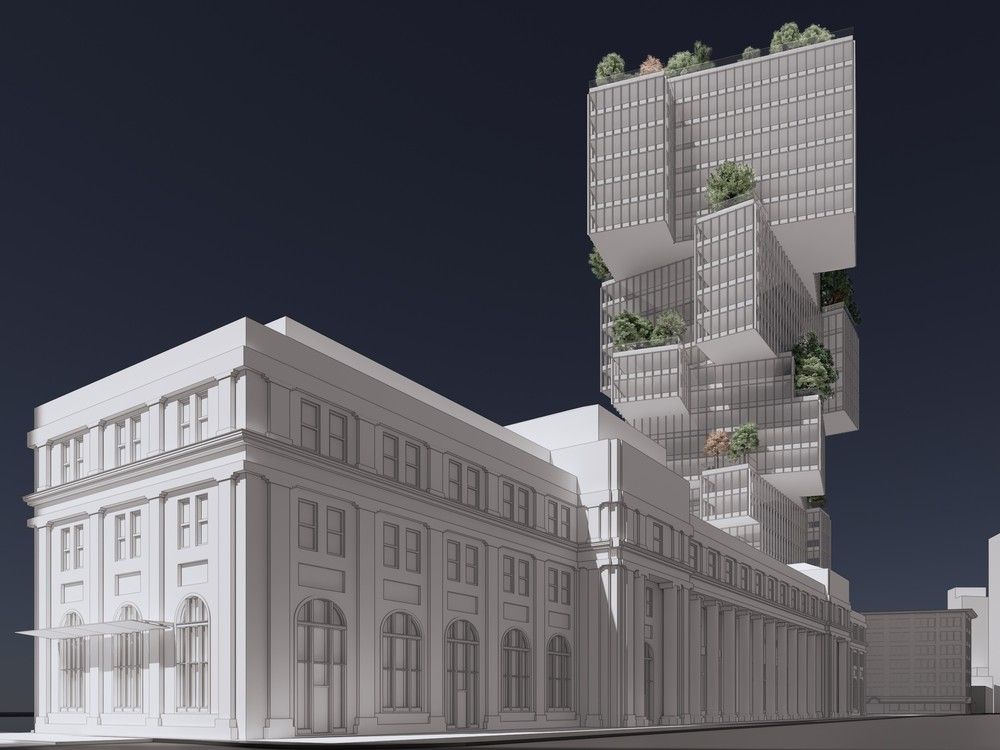 A 22-storey office building shaped like a Lego tree has been proposed to replace a parking lot alongside Vancouver's heritage Waterfront Station.
