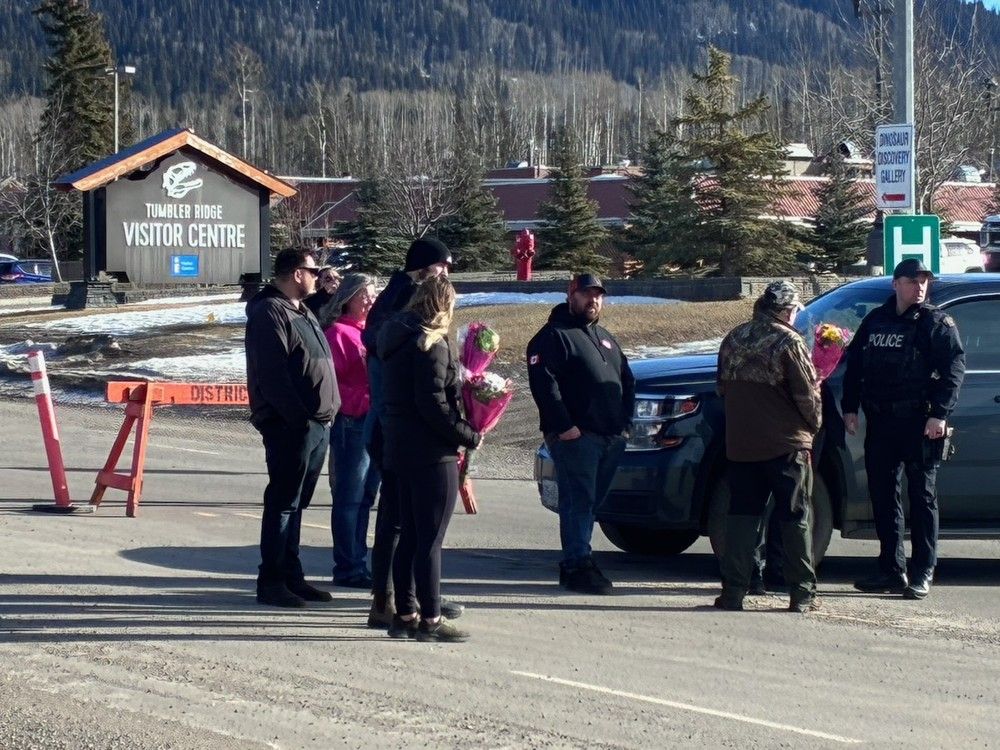 Mayor Darryl Krakowka leads affected parents down to a flower presentation on Wednesday, February. 11, 2026 in Tumbler Ridge.