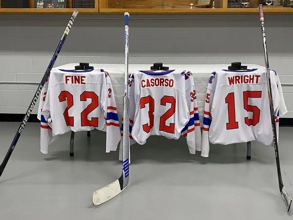 A Facebook photo shows the jerseys of three players of Southern Alberta Mustangs. The three players were killed in a car accident near Stavely, south of Calgary, Alta.