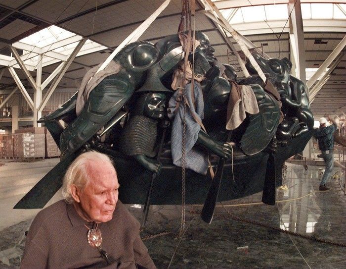  The Spirit of Haida Gwaii — The Jade Canoe, with its creator, Bill Reid, in its final resting place in the new International arrival and departure area at Vancouver airport.