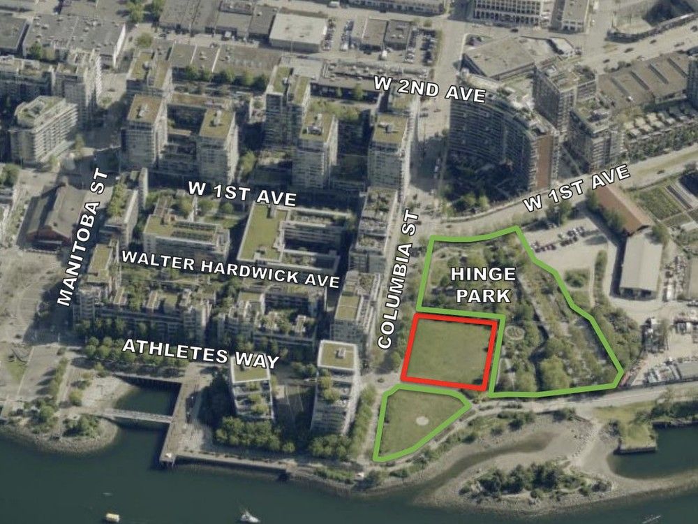  The site for an elementary school in Olympic Village, marked with the red square, was first identified in 2007 by the City of Vancouver.