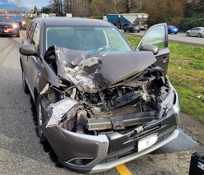  A SUV was hit by one of two wheels that came off a dump truck on Highway 1 in Abbotsford near the No. 3 Road offramp on Nov. 28, 2024.