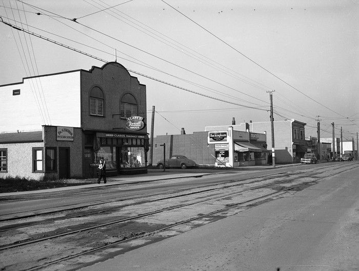 1948: Businesses on Victoria Drive, including Clare's Pharmacy.