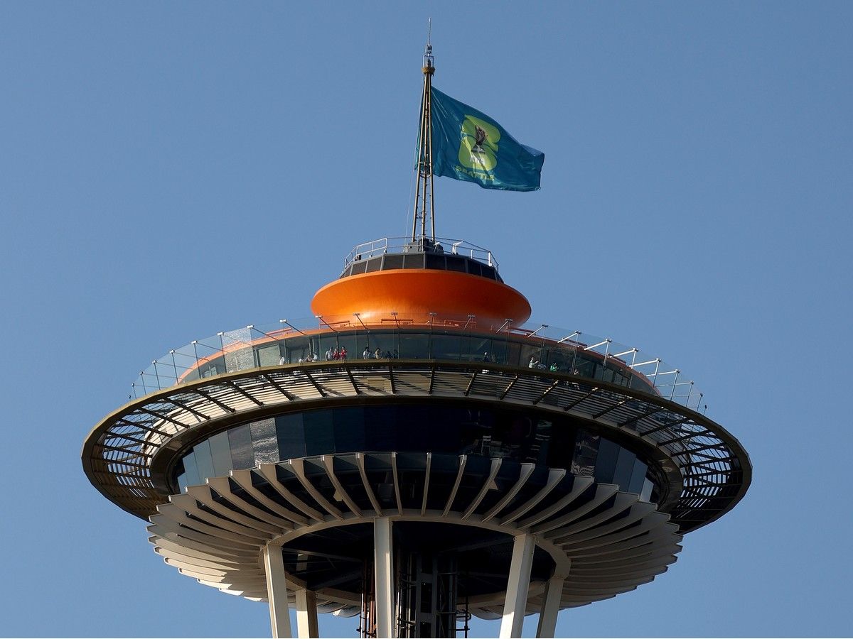 The World Cup brand and logo flag flies at The Space Needle on May 18 in Seattle.