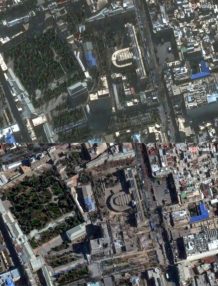  This combination of handout satellite images courtesy of Vantor created on March 3, 2026, shows the judiciary complex in Tehran on March 1, 2026 (top) and the same site on March 3, 2026, following airstrikes.