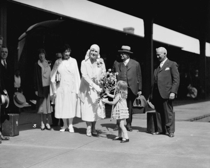  Arrival at Great Northern Railway depot of Aimee Semple McPherson on visit to Foursquare Gospel Tabernacle, July 9, 1930. Stuart Thomson Vancouver Archives AM1535-: CVA 99-2395