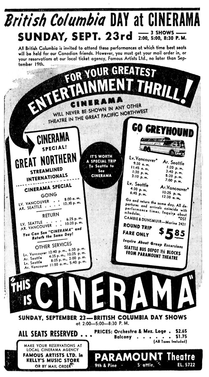  Cinerama ad in the Sept. 15, 1956 Vancouver Sun tempting Vancouverites to come to Seattle to see Cinerama.