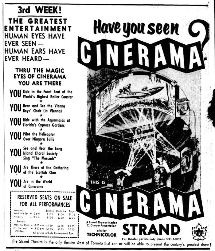  Cinerama ad for the Strand Theatre in the March 19, 1958 Vancouver Sun.