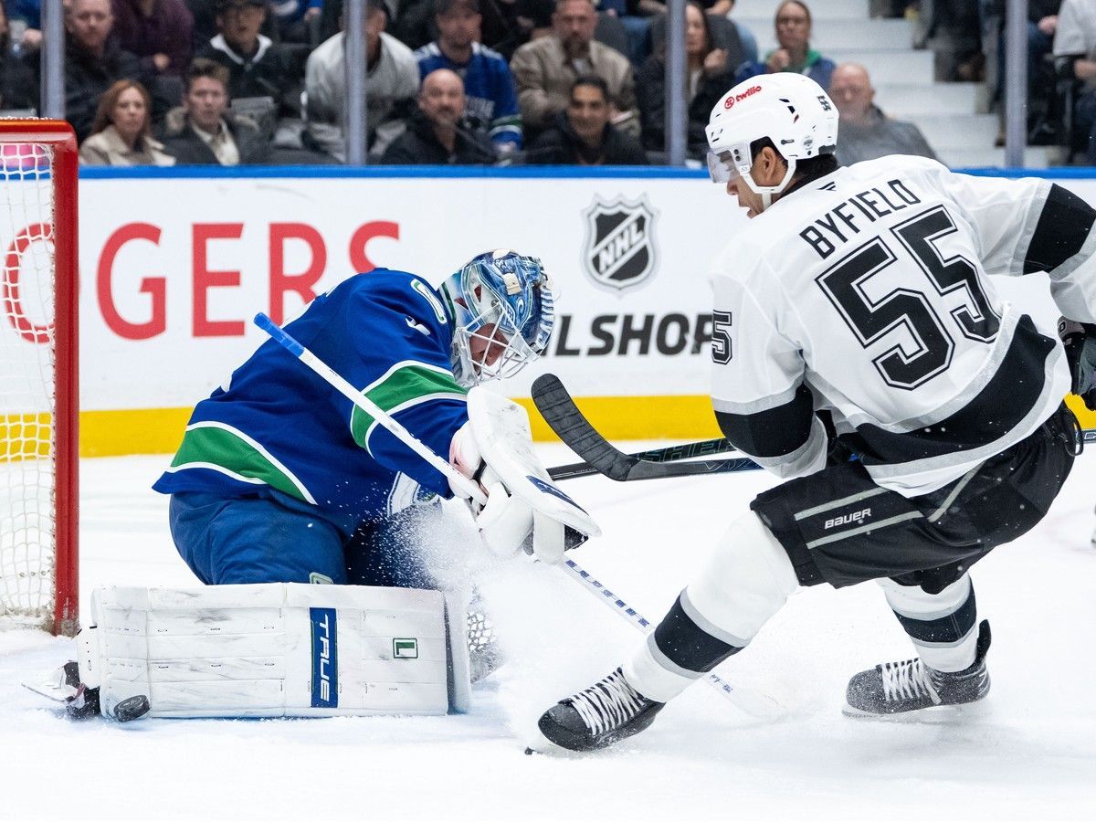 Vancouver Canucks goaltender Kevin Lankinen (32) stops Los Angeles Kings' Quinton Byfield (55) during the second period at Rogers Arena on Thursday night. The Kings won 4-0.