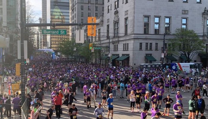 Crowds of runners gather at the start line of the 2026 Vancouver Sun Run on Sunday, April 19. It's a beautiful morning for 57,518 registered participants, the second-highest total in Vancouver Sun Run history.