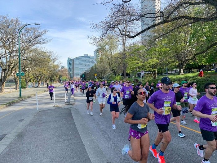 Runners at the 2026 Vancouver Sun Run as they headed onto Beach Avenue as part of the 10k course through Vancouver streets on April 19, 2026.