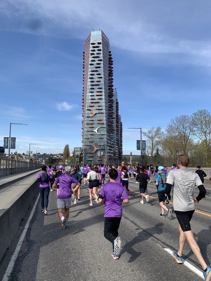 Runners on the Burrard Street Bridge during the 2026 Vancouver Sun Run.