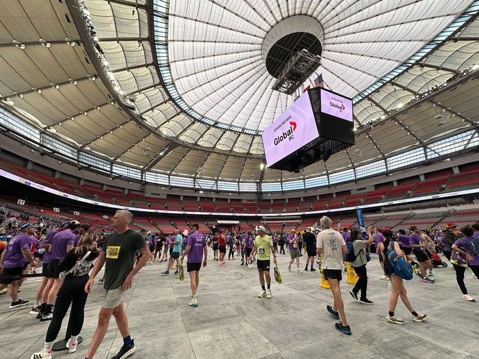 The post-race Vancouver Sun Run party at B.C. Place is in full swing.